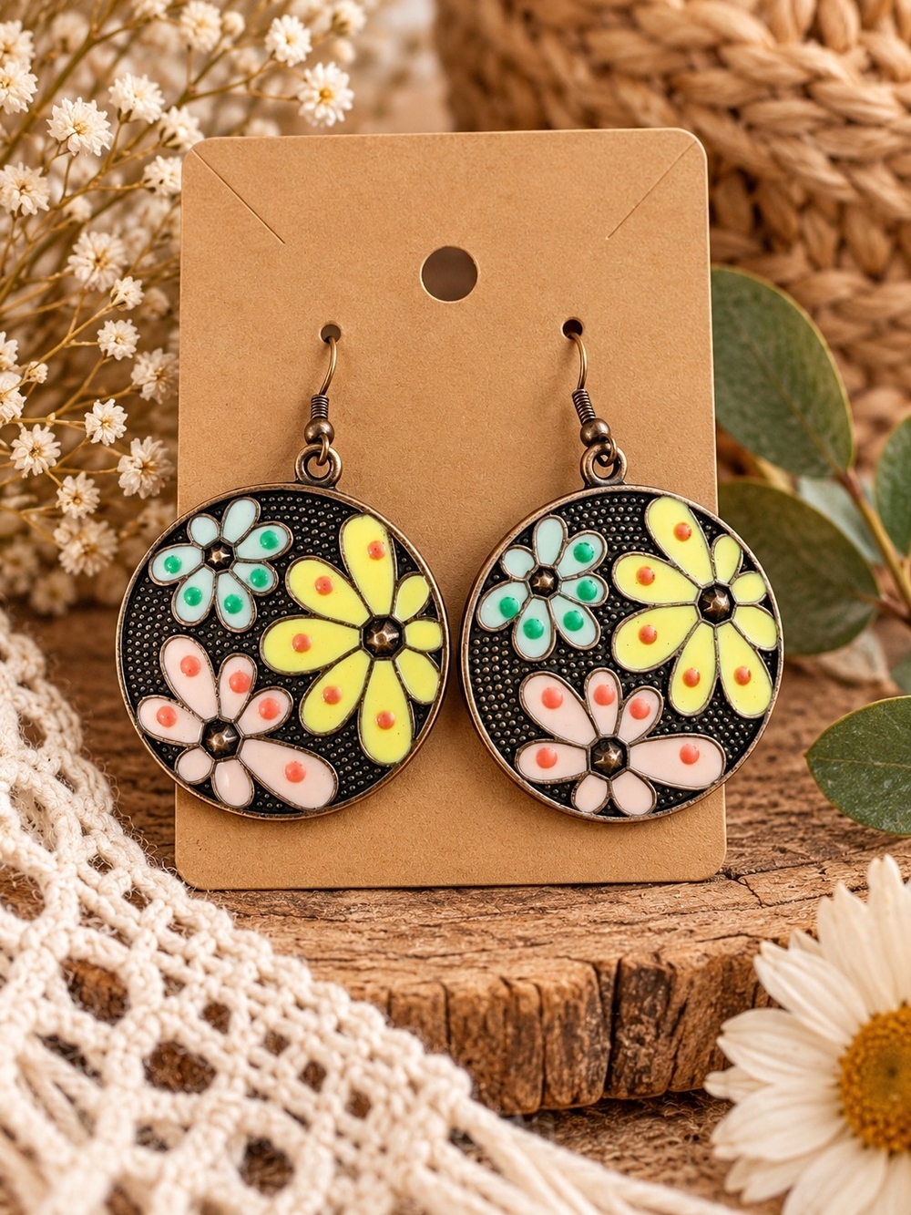 Boho Floral Round Dangle Earrings Multicolor Statement Earrings